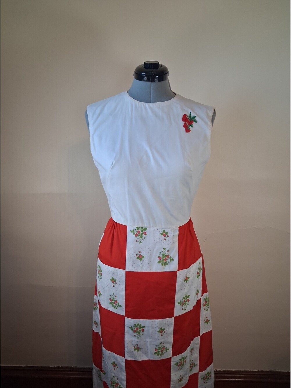 1970s Vintage Dress, Strawberry Checkered Sun Dress, Maxi Patchwork Dress Sz S - Picture 2 of 9